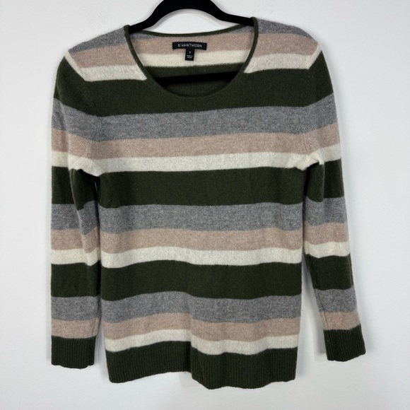 41 Hawthorn 100% Cashmere Green & Tan Striped Crewneck Sweater - Picture 1 of 6
